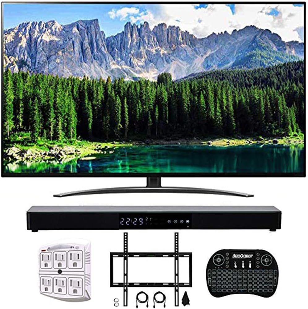 LG 55SM8600PUA 55 4K HDR Smart LED NanoCell TV w/AI ThinQ with Home Theater 31 Soundbar, Wireless Backlit Keyboard, Flat Wall Mount Kit SurgePro 6-Outlet Surge Adapter