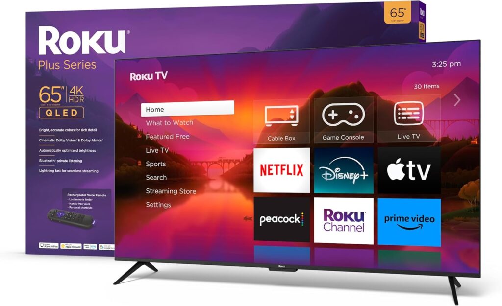 Roku 65 Plus Series 4K Dolby Vision HDR10+ QLED Smart RokuTV with Voice Remote Pro, Striking 4K Resolution, Automatic Brightness, Dolby Vision and HDR10+