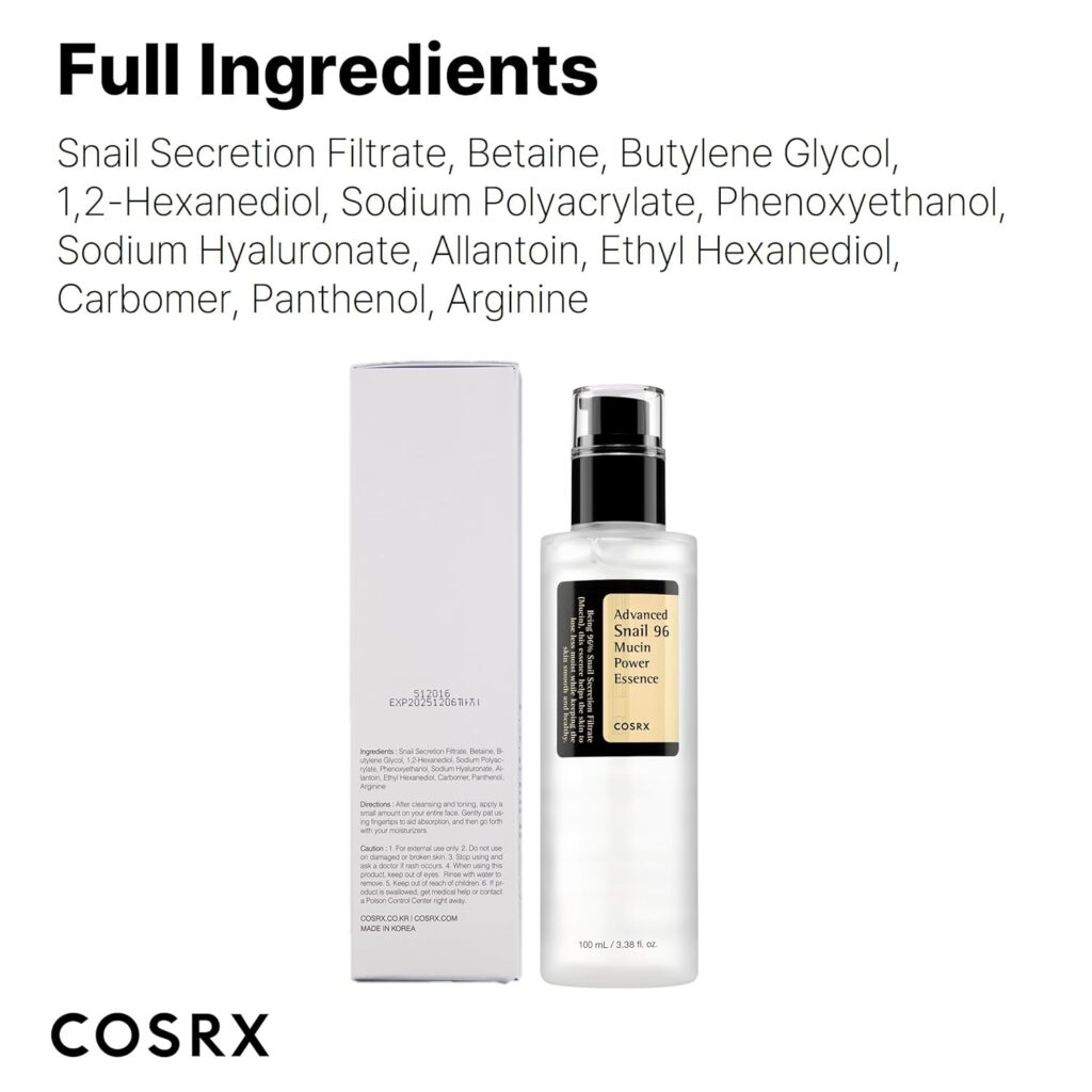 COSRX Snail Mucin 96% Power Repairing Essence 3.38 fl.oz 100ml, Hydrating Serum for Face with Snail Secretion Filtrate for Dull Skin Fine Lines, Korean Skin Care