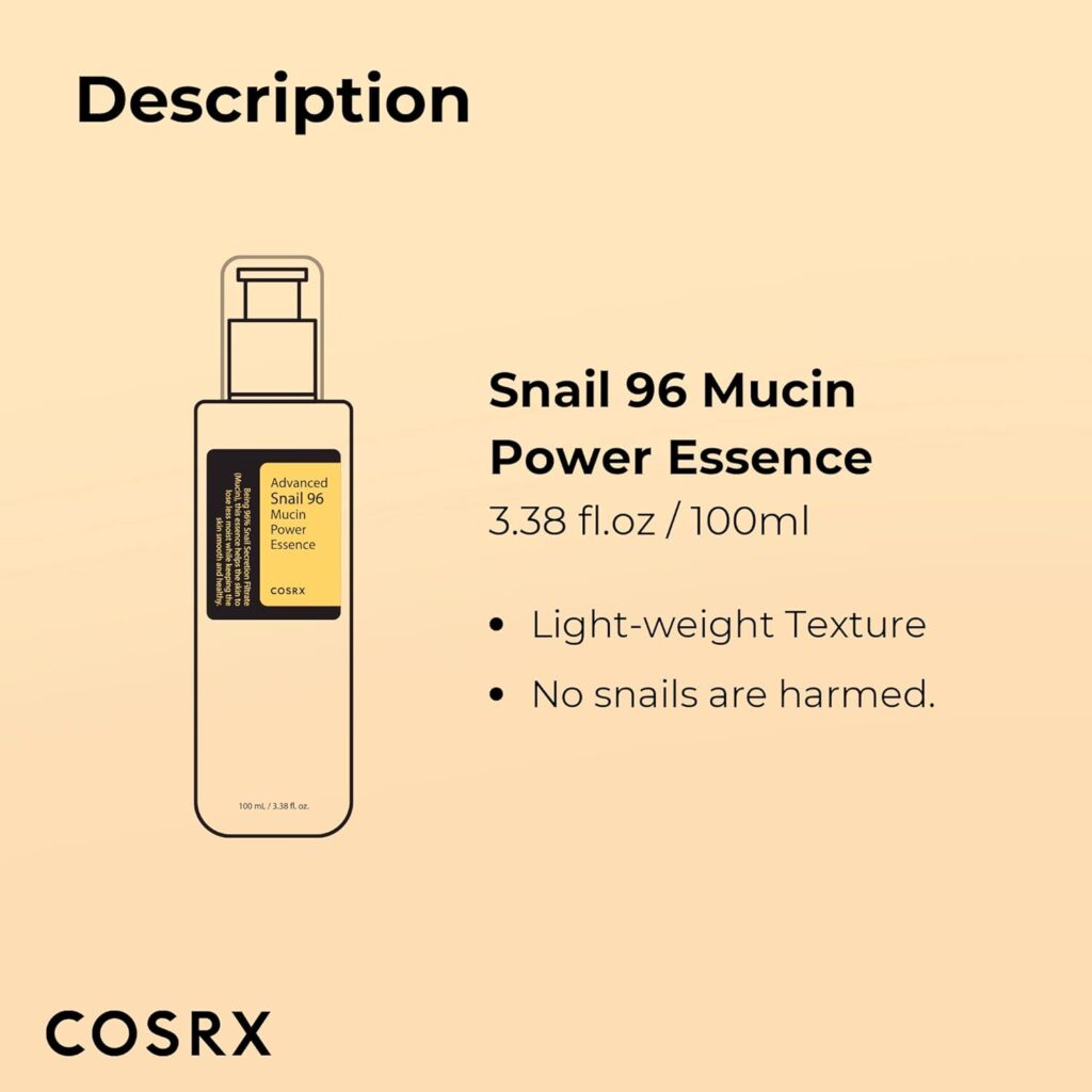 COSRX Snail Mucin 96% Power Repairing Essence 3.38 fl.oz 100ml, Hydrating Serum for Face with Snail Secretion Filtrate for Dull Skin Fine Lines, Korean Skin Care