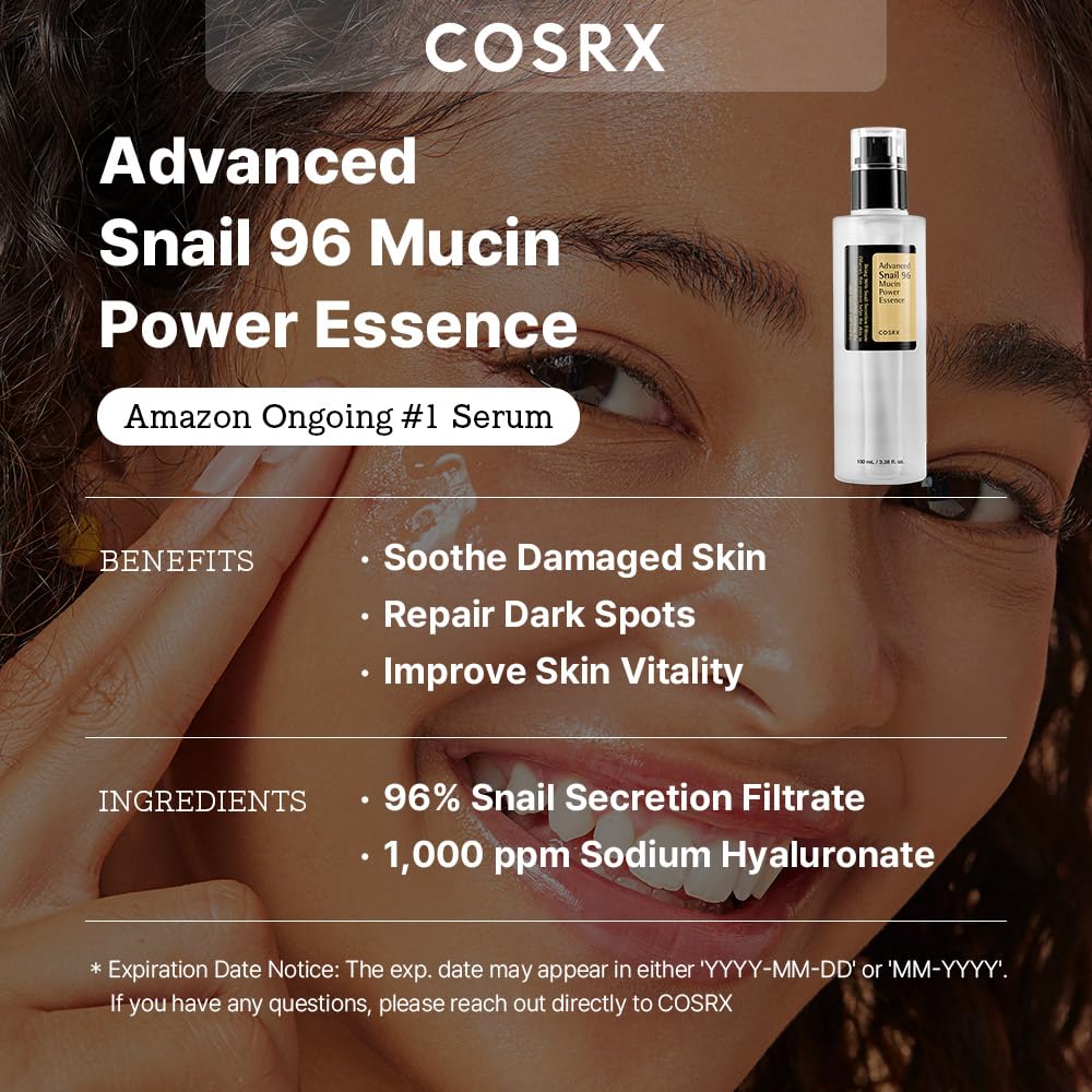 COSRX Snail Mucin 96% Power Repairing Essence 3.38 fl.oz 100ml, Hydrating Serum for Face with Snail Secretion Filtrate for Dull Skin Fine Lines, Korean Skin Care