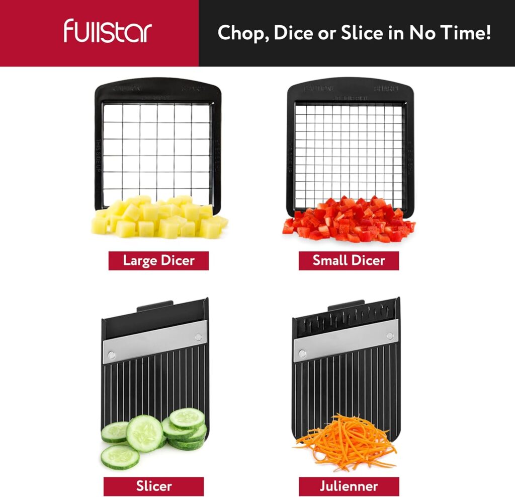 Fullstar All-in-1 Vegetable Chopper, Mandoline Slicer Cheese Grater - French Fry Cutter Veggie Dicer - Cheese Slicer - Includes Bonus Handheld Spiralizer (4 in 1, Black/White)