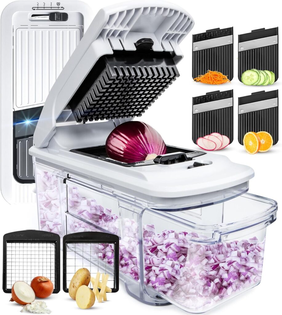 Fullstar All-in-1 Vegetable Chopper, Mandoline Slicer Cheese Grater - French Fry Cutter Veggie Dicer - Cheese Slicer - Includes Bonus Handheld Spiralizer (4 in 1, Black/White)