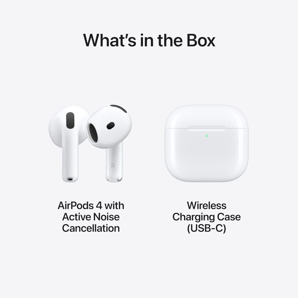 Apple AirPods 4 Wireless Earbuds, Bluetooth Headphones, Personalized Spatial Audio, Sweat and Water Resistant, USB-C Charging Case, H2 Chip, Up to 30 Hours of Battery Life, Effortless Setup for iPhone